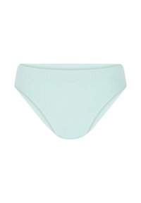 Lichtblauwe geribbelde bikini onderkant met een middelhoge tailleband en een gladde, gestructureerde afwerking. Biedt volledige bedekking met een klassieke vorm.