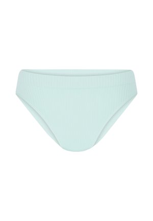 Bas de bikini bleu clair à côtes avec une taille mi-haute et une finition lisse et texturée. Offre une couvrance totale avec une forme classique.