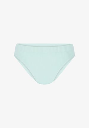 Light blue ribbed bikini bottom with a mid-rise waistband and a smooth, textured finish. Offers full coverage with a classic shape.
