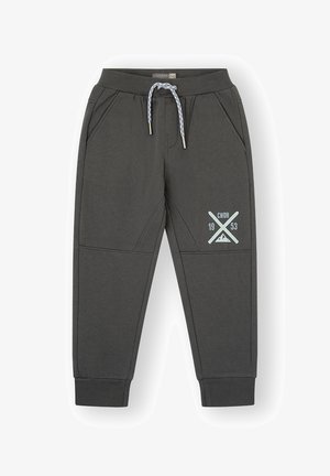 Pantalones de chándal grises hechos de una tela suave; incluye cintura elástica con cordón, bolsillos laterales y un logo impreso en el muslo.