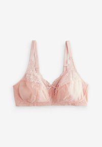 Lichtroze beha met kantdetails, zachte cups, verstelbare bandjes en een strikaccent aan de voorkant. Gladde stof met een delicate textuur.