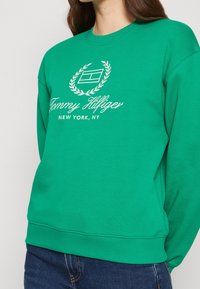 Felpa verde in cotone con collo a giro, caratterizzata da un logo ricamato bianco e un design di alloro. Polsini e orlo a coste.