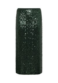 Green sequin pencil skirt, knee-length, with a fitted silhouette. Sparkling surface with a textured finish. Elasticated waistband.