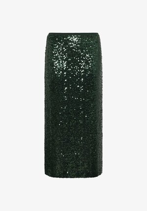 Grüne Pailletten-Bleistiftrock, knielang, mit taillierter Silhouette. Funkelnde Oberfläche mit strukturiertem Finish. Elastischer Bund.