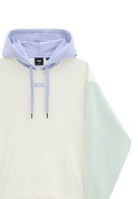 Felpa con cappuccio color crema con dettagli in lavanda e maniche verde menta. Presenta una tasca frontale e lacci, realizzata in morbido misto cotone.