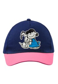 Marineblaue Kappe mit einem rosa Schirm, der ein grafisches Design von einem Mädchen und einem Hund zeigt. Hergestellt aus einem Stoff mit glatter Textur.
