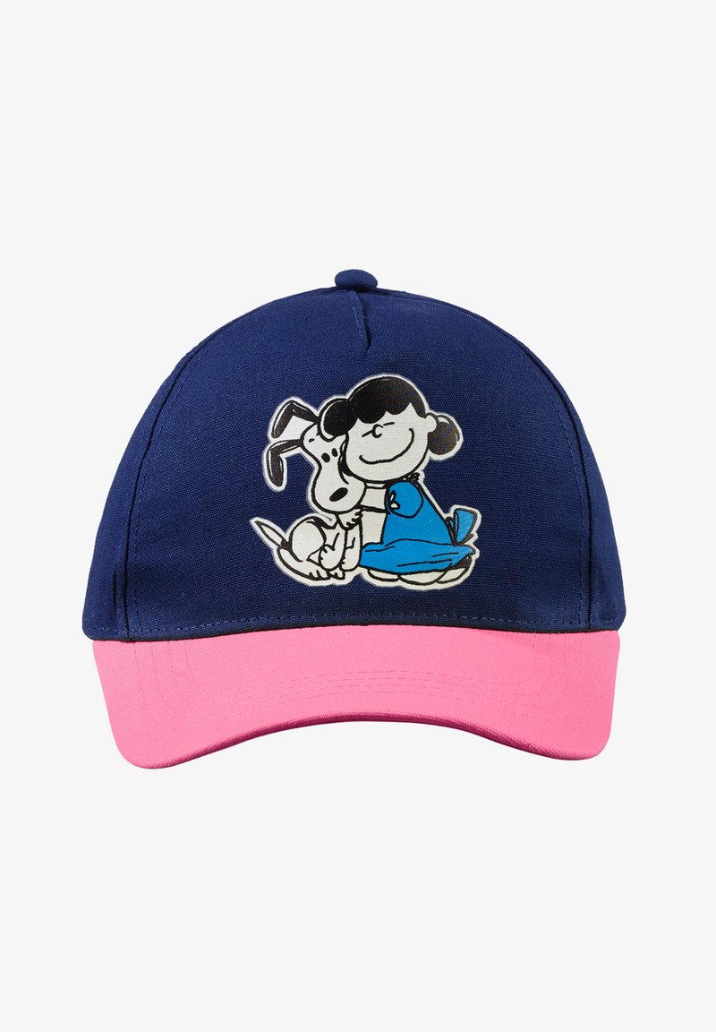 Marineblaue Kappe mit einem rosa Schirm, der ein grafisches Design von einem Mädchen und einem Hund zeigt. Hergestellt aus einem Stoff mit glatter Textur.