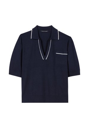 Navy blue short-sleeve polo shirt with white trim on collar, V-neck, and pocket on left chest.