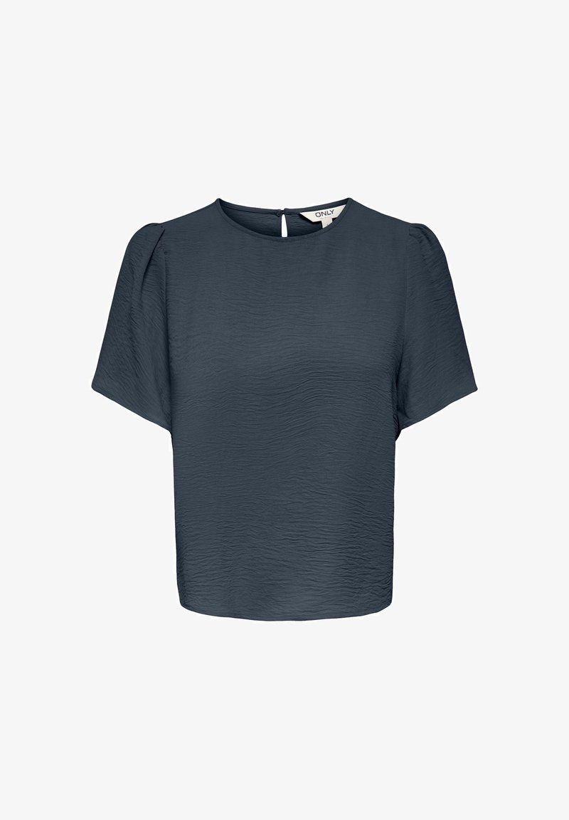 Blouse gris foncé à manches courtes en tissu texturé, col rond, fermeture par bouton à trou clé à l'arrière et manches légèrement bouffantes.