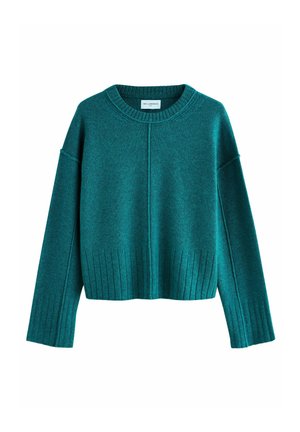 Teal, kort tröja i mjukt stickat material, med ribbat nederkant och långa, lösa ärmar med sänkt axel. Mittsömsdetalj.