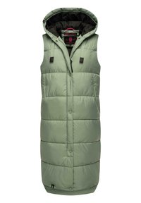 Kerge rohelise värvi polsterdatud vest kapuutsiga. Omab tikandiga disaini, esimest lukku ja kahte küljetaskut. Mustad aktsendid kapuutsi ja taskute juures.