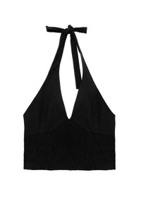 Schwarzes Halter-Crop-Top aus strukturiertem Stoff, mit tiefem V-Ausschnitt und gerafften Details am Oberteil, am Hals gebunden.