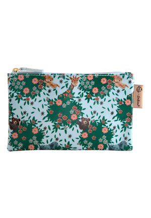 Trousse rectangulaire zippée avec un fond bleu clair, des grappes florales vertes et des illustrations de girafe, lionceaux, oursons et koalas.