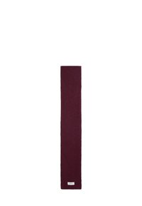 Burgundy knitted scarf, long and narrow, featuring a textured fabric with a subtle label at the end for branding.