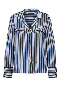 Blusa a righe nera, blu e bianca; presenta un colletto, chiusura con bottoni frontale e due tasche sul petto con righe a contrasto sui polsini.