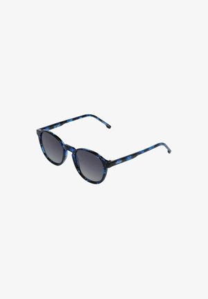 Round sunglasses with a blue marbled frame and dark gradient lenses. The temples are thin with a black and blue pattern.