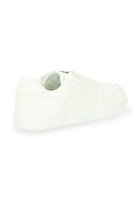 White sneaker made of smooth synthetic material, featuring a low-top design, round toe, lace-up closure, and textured rubber sole.