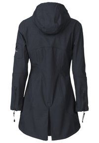 Chaqueta exterior de color gris oscuro con capucha, bolsillos con cremallera y un tejido transpirable. Presenta una abertura en la parte posterior para facilitar el movimiento.