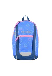 Mochila azul con patrones de corazones y estrellas, con cremalleras rosas, acentos grises y un asa en la parte superior. Hecha de material duradero, diseño compacto.