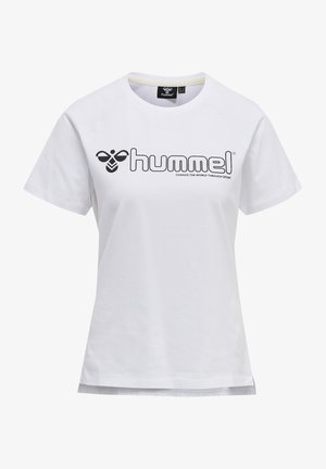 Weißes Baumwoll-T-Shirt mit kurzen Ärmeln. Auf der Vorderseite mit einem schwarzen "hummel"-Logo und Slogan bedruckt. Rundhalsdesign.