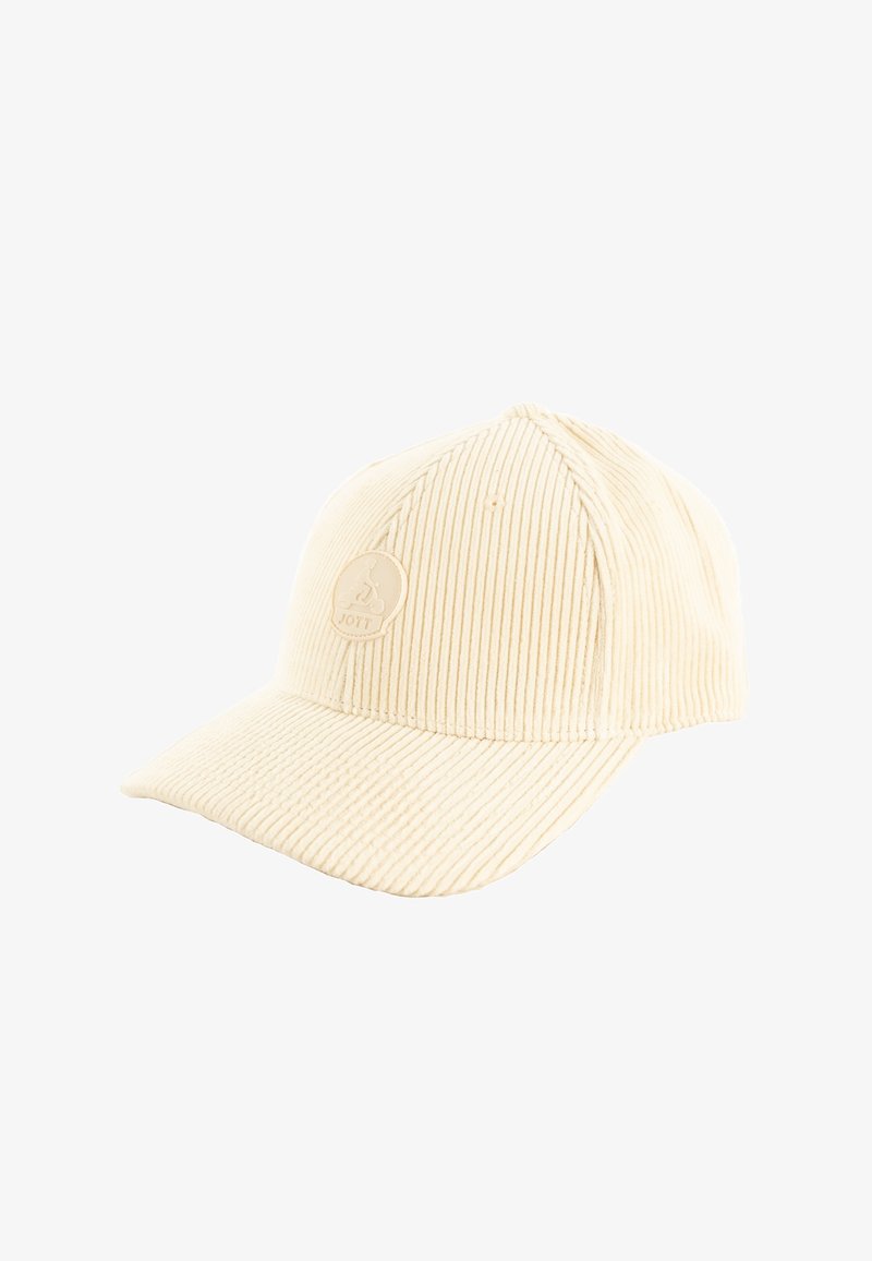 Casquette en velours côtelé couleur crème avec une surface texturée, dotée d'une couronne arrondie, d'un bord courbé et d'un patch logo à l'avant.