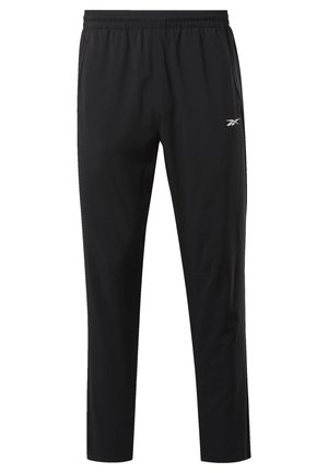 Svarte joggebukser med elastisk midje, tapered design, sidelommer og en liten logo på øvre venstre ben. Jevn stofftekstur.