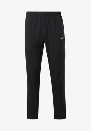 Svarte joggebukser med elastisk midje, tapered design, sidelommer og en liten logo på øvre venstre ben. Jevn stofftekstur.