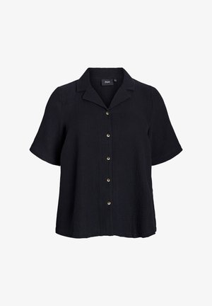 Črna kratka majica z rokavi iz teksturirane tkanine, s ovratnikom, sprednjim gumbom z zlatimi dodatki in sproščenim krojem.