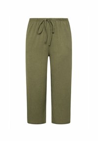 Pantalons jogger tissés légers, couleur vert olive, avec taille à cordon de serrage, présentant des jambes droites et une finition texturée.