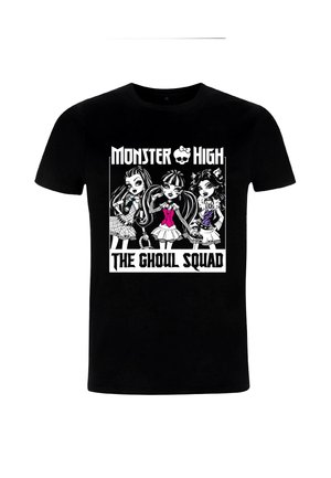 Černé bavlněné tričko s grafickou potiskem tří ilustrací postav a textem "Monster High THE GHOUL SQUAD" v bílé barvě.