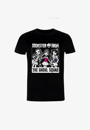 Czarny bawełniany t-shirt z nadrukiem graficznym przedstawiającym trzy ilustracje postaci oraz napis "Monster High THE GHOUL SQUAD" w białym kolorze.