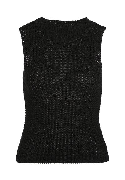 Črni brezrokavnik iz pletenega materiala z okrolim izrezom in rebrasto teksturo po celem zgornjem delu.