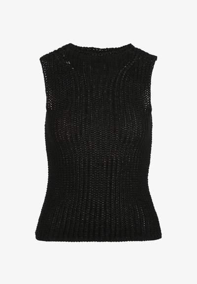 Črni brezrokavnik iz pletenega materiala z okrolim izrezom in rebrasto teksturo po celem zgornjem delu.