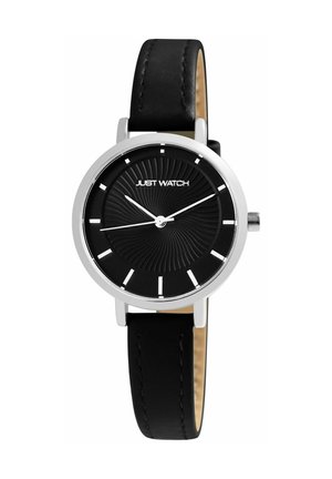 Black wristwatch with silver case, ripple pattern dial, white hour markers and hands, and black leather strap showing time at 10:10:44.