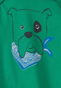 Groene stof met het gezicht van een cartoonhond, met een zwart-wit vlek, grote ronde ogen en een blauwe bandana met witte patronen.