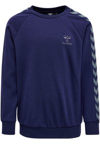 Sweatshirt bleu marine avec un col rond, des manches raglan et des rayures d'accent en chevrons de bleu plus clair sur les épaules. Logo brodé sur la poitrine.