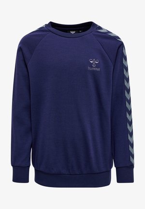 Navyblaues Sweatshirt mit Rundhalskragen, Raglanärmeln und Herringbone-Akzentstreifen in hellerem Blau auf den Schultern. Gesticktes Logo auf der Brust.