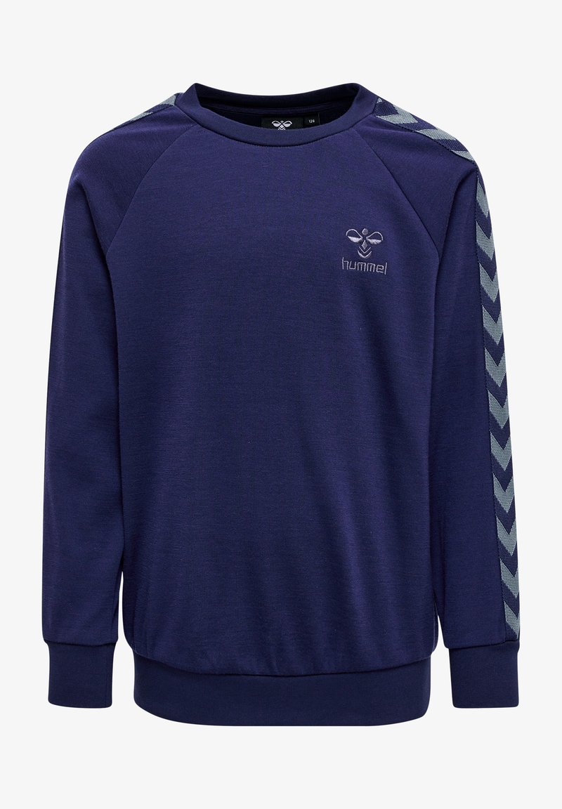 Navyblaues Sweatshirt mit Rundhalskragen, Raglanärmeln und Herringbone-Akzentstreifen in hellerem Blau auf den Schultern. Gesticktes Logo auf der Brust.