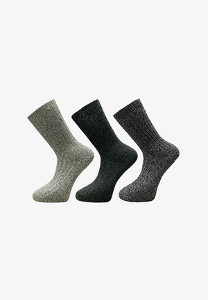 Three pairs of textured socks in shades of green, dark gray, and light gray, featuring a ribbed design and medium height.