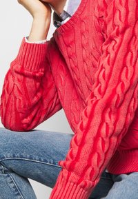 Maglione a trecce di un brillante corallo, con polsini e orlo a coste, caratterizzato da un motivo testurizzato, indossato sopra una camicia azzurra con colletto, abbinato a un paio di jeans.