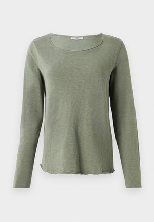 Langermet skjorte med rund hals i en lys olivengrønn farge, laget av lett materiale med en lett teksturert overflate og råkant nederst.