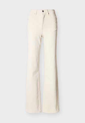 Εκρού τζιν με ψηλή μέση, μπροστινό κουμπί, φερμουάρ, τσέπες μπροστά και πίσω, και ελαφρώς φαρδιά σχεδίαση ποδιών.