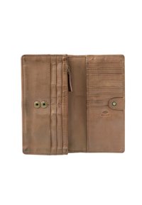 Portafoglio in pelle marrone, dotato di una tasca con zip, numerose fessure per carte e protezione RFID. Texture liscia con cuciture visibili.