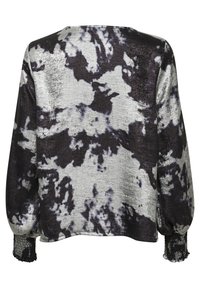 Langærmet bluse i metallisk sølv og sort med en blød, tekstureret finish. Har en rund hals og samlede ærmer med et mønsterdesign.
