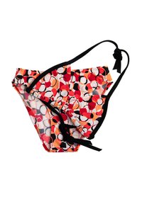 Dolna część kostiumu kąpielowego w kolorowy okrągły wzór w odcieniach czerwieni, pomarańczy, bieli i czerni; posiada regulowane czarne wiązania i czarne wykończenie. Elastyczny materiał.