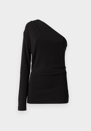 Haut à manches longues noir avec un décolleté asymétrique, une texture lisse et une silhouette ajustée. Pas de motifs ni d'ornements visibles.