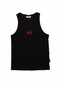 Schwarzes Baumwoll-Trägershirt mit Rundhalsausschnitt und gesticktem roten "PROHIBITED SOCIAL CLUB"-Text auf der Vorderseite. Einfaches, ärmelloses Design.