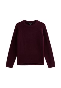 Maglione lavorato a maglia color bordeaux con scollatura a girocollo, maniche lunghe a raglan e orlo leggermente accorciato. Tessuto liscio e materiale elasticizzato.