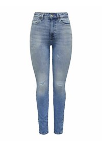 Jeans ajustados en denim de color azul claro, con cintura alta, detalles desgastados y diseño estándar de cinco bolsillos con un leve desvanecimiento.