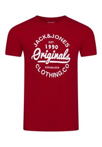 Camiseta de algodón roja con mangas cortas, que presenta un gran gráfico blanco que incluye el texto "JACK & JONES" y "Originals" en un diseño circular.